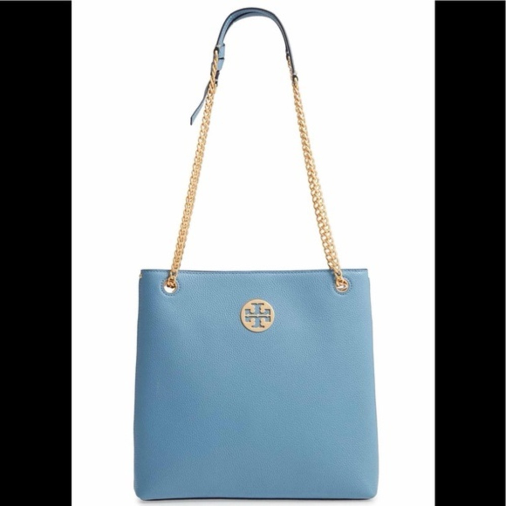 Tory Burch Everly Swingpack Blue Yonder Tote with Gold Hardware and Chain Strap